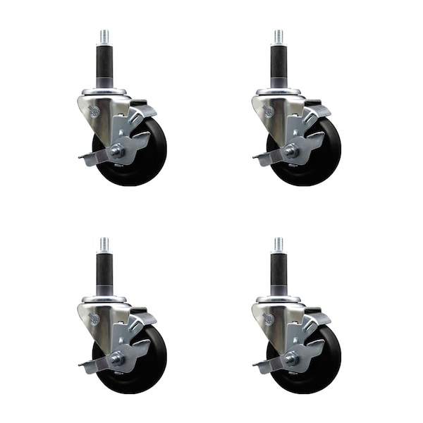 3.5'' SS Hard Rubber Swivel 1'' Expanding Stem Caster Set with Brake, 4PK